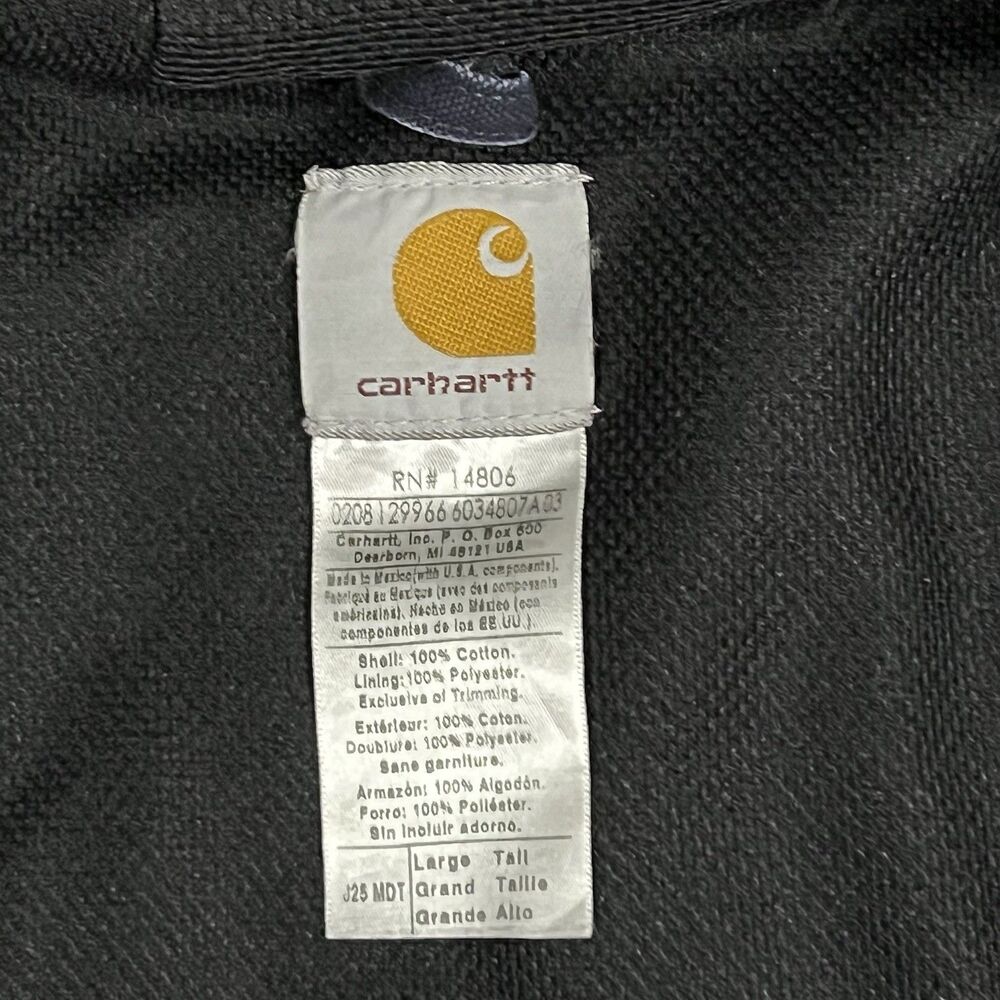 Vintage Carhartt Faded Navy Hooded Thermal Lined Canvas Jacket J25MDT Sz L Tall - Picture 3 of 15